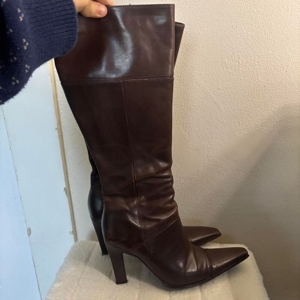 Vintage Brown Leather Knee High Boots Size 7.5 (EU 38) Made in Italy Avant Garde